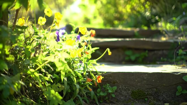 Tranquil sunlit garden path with vibrant yellow, purple, and orange blossoms along a wooden railing