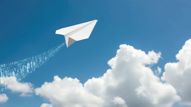 Digital paper airplane in sky symbolizes online communication and technology