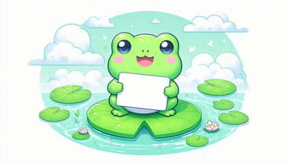 Cute frog standing on a lotus leaf holding a message, pastel mint background.