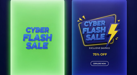 Image with "Cyber Flash Sale" text, green background, navy banner with lightning bolt. Concept: promotion, discount, online shopping, e-commerce