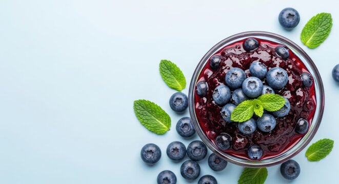 Berry Delights: A culinary masterpiece features an inviting bowl of blueberry jam, adorned with a generous serving of plump blueberries and delicate mint leaves. The vivid, eye-pleasing arrangement.