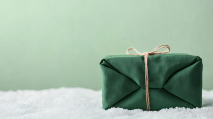 Christmas eco friendly sustainable green energy gift wrapped in fabric with twine on snow for festive and environmentally conscious holiday