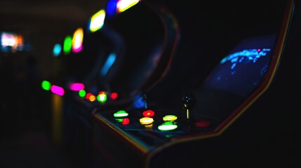 joystick. Arcade corner with glowing neon lights and illuminated buttons in dark setting. tutorial guides, club newsletters, designed for tourism and weekend activity guides.