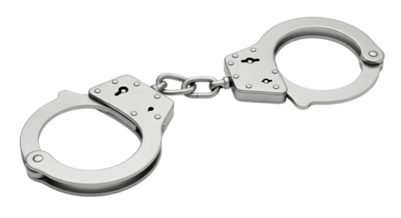 Silver Metal Handcuffs Connected by Chain with Keyhole Detail isolated on a transparent background steel