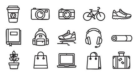 Black and white line art illustration of various lifestyle elements icons