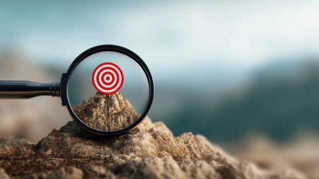 management resources goal-setting. A magnifying glass reveals a red target on a mountain of sand.