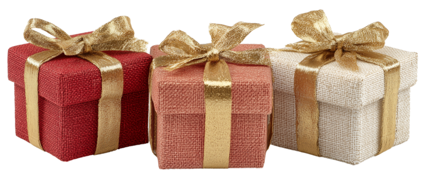 Three small gift boxes in red, peach, and beige, each wrapped with a shiny gold ribbon and bow.