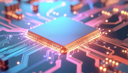 Futuristic central processing unit glowing with orange and blue light on a circuit board.