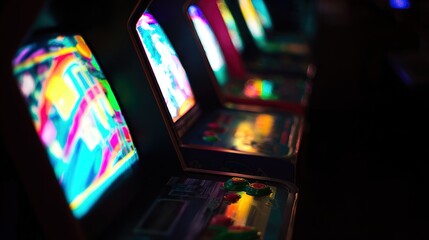 joystick. Arcade corner with glowing neon lights and illuminated buttons in dark setting. tutorial guides, club newsletters, designed for tourism and weekend activity guides.