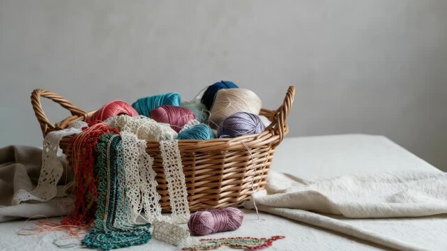Basket of colorful yarn and laces on table