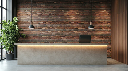 Reception counter mockup with brick wall background style front interior registration copy space desk design indoor decoration front view decoration three-dimensional