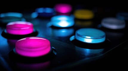joystick. Arcade corner with glowing neon lights and illuminated buttons in dark setting. tutorial guides, club newsletters, designed for tourism and weekend activity guides.