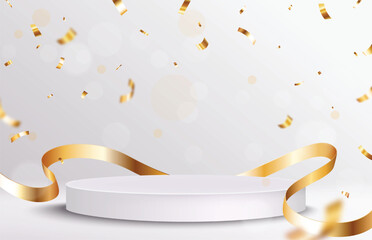 Empty Winner podium with flying gold ribbon and confett