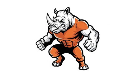 Fototapeta premium Angry White Rhinoceros Cartoon Character with Orange Athlete Outfit on Clean White Background Aggressive Animal with Human Like Body and Attitude Digital Art