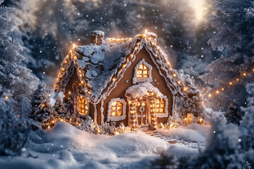 Generative ai image of cute gingerbread cookie house in snowy winter forest with festive christmas lights and decorations