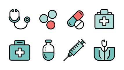 Medical and Healthcare Icon Set &ndash; Stethoscope and Health Symbols Vector Illustration