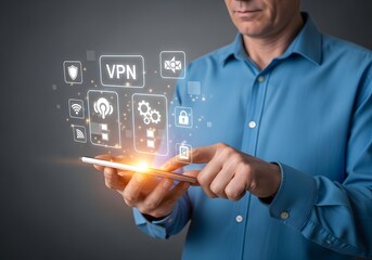 Man using smartphone with vpn and security icons floating above it in a digital interface