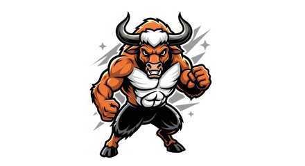 Cartoon Illustration of Muscular Orange Bull with Black Horns and Dark Pants on White Background