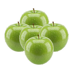Five fresh green apples with glistening water droplets, showcasing their crisp texture and healthy appeal, isolated on transparent background