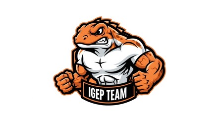 Cartoon Orange Lizard Mascot with Muscular Build and Fangs on White Background, Wearing Torn White Shirt and Small Black Banner with Text