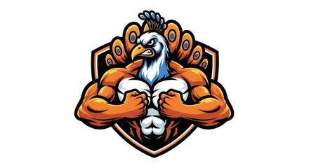 Cartoon Peacock with Strong Orange Muscles on White Background with Intricate Feathered Head Crest and Angry Expression in Bold Colors