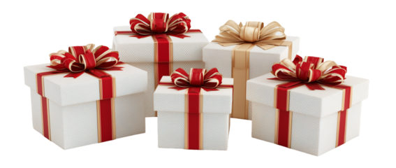 A collection of white gift boxes wrapped with red and gold ribbons and decorated with large matching bows.