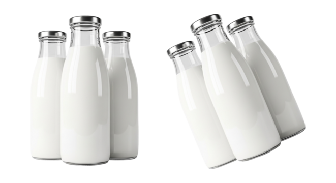 Fresh milk in clear glass bottles, a healthy and nutritious dairy product, isolated on transparent background