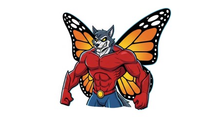 Cartoon Wolf Muscular Hero with Monarch Butterfly Wings on White Background