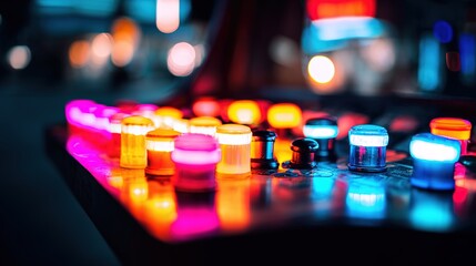 joystick. Arcade corner with glowing neon lights and illuminated buttons in dark setting. tutorial guides, club newsletters, designed for tourism and weekend activity guides.