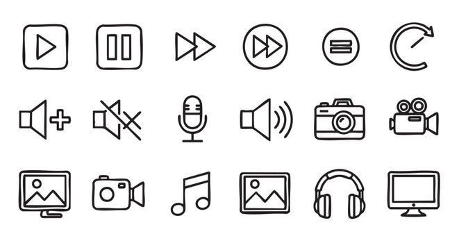 Collection of audio and visual multimedia doodle icons for design purposes