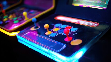joystick. Arcade corner with glowing neon lights and illuminated buttons in dark setting. tutorial guides, club newsletters, designed for tourism and weekend activity guides.