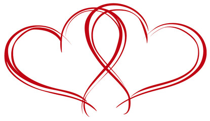 Two intertwined red heart outlines created with smooth curved lines in a simple, elegant line art style.
