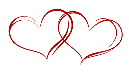 Two intertwined red heart outlines drawn in a smooth, elegant line art style.