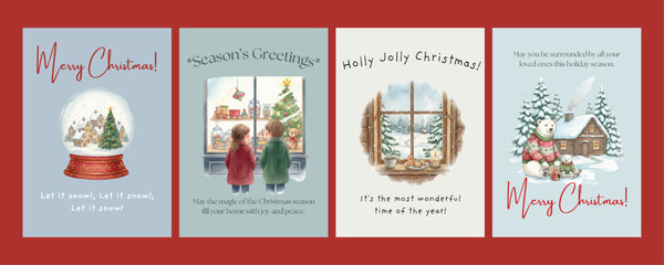 Printable Watercolor Christmas Cards Collection. Greetings Postcards. Beautiful Watercolor illustrations. A6 Size Format. Happy Holidays. Winter - Toy Store - Window - Snow - Bear