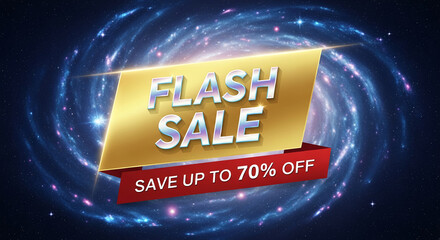 Golden banner with "Flash Sale" text, red ribbon with "Save Up To 70% Off" over swirling nebula background, showing promotion, offer and discount