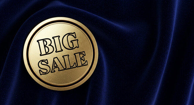 Golden round badge with "Big Sale" on dark blue velvet fabric, representing promotional offer, discount. Luxury texture, free space for additional content