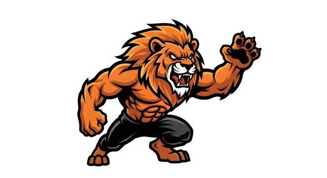 Stylized Orange Lion Mascot Character with Fierce Expression Wearing Dark Pants Isolated on White Background