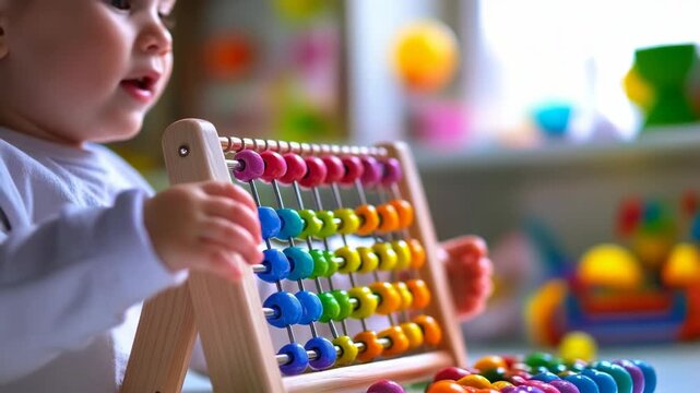 Toddler playing with colorful abacus, early childhood education