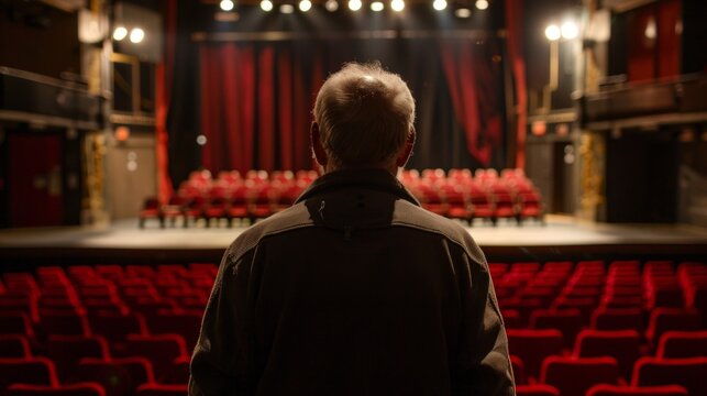 The auditorium, with its empty red seats and stage, is filled with anticipation for the performance, making it the perfect backdrop for theatre posters.