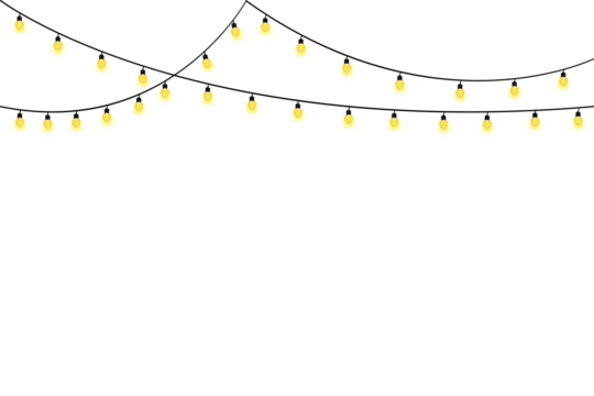 Two rows of warm yellow light bulbs hanging in PNG format, isolated on a transparent background. Perfect overhead border for party, summer, cafe, and wedding invitations or banners.