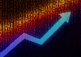 Glowing digital binary code arrow indicating business growth