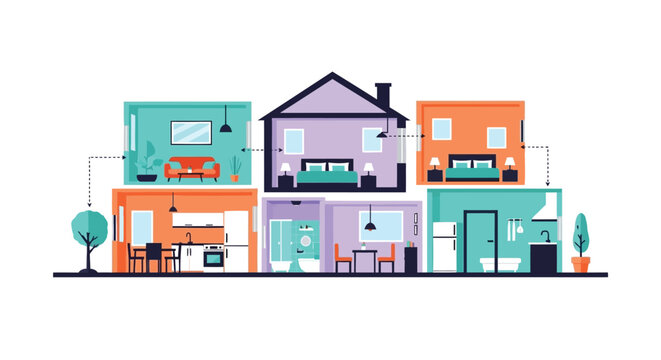 Cutaway view of a modern house interior showing different rooms and their connections