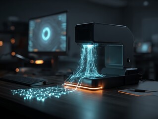 Abstract data transfer from a device with glowing blue lines, illustrating secure information processing and network communication.