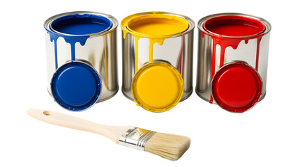 Three open paint cans with blue yellow and red paint and a paintbrush isolated on a transparent background