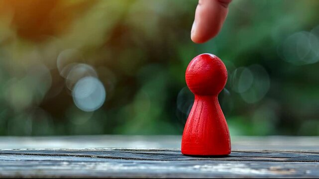 A human finger points directly down at a single red wooden pawn game piece standing on a rustic wooden surface with a blurred green background.