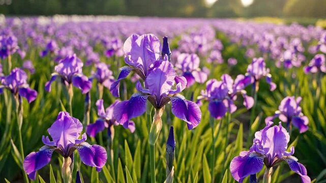Vibrant purple iris field in bloom
