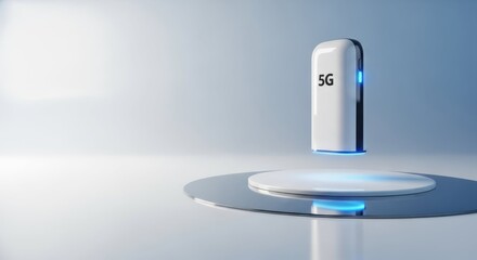 Sleek 5G wireless networks device floating on mirrored surface, depicting advanced technology. 5G wireless networks modem showcasing its design and functionality,
