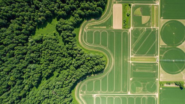 Aerial view of lush green forest next to agricultural fields with irrigation systems