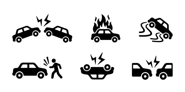 Fototapeta Set of six black and white icons depicting various car accidents, including collisions, pedestrian hit, car skidding, burning car, hitting a tree, and hitting a pole.