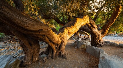 bark. Ancient olive tree with twisted, powerful branches under the golden light of sunset, deep shadows. inspiring travel planning, gardening catalogs, designed for gardening and botanical catalogs.